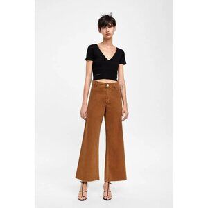 ZARA Marine Straight Brown Stretch Denim High Waisted Wide Leg Jeans, Size 6/28